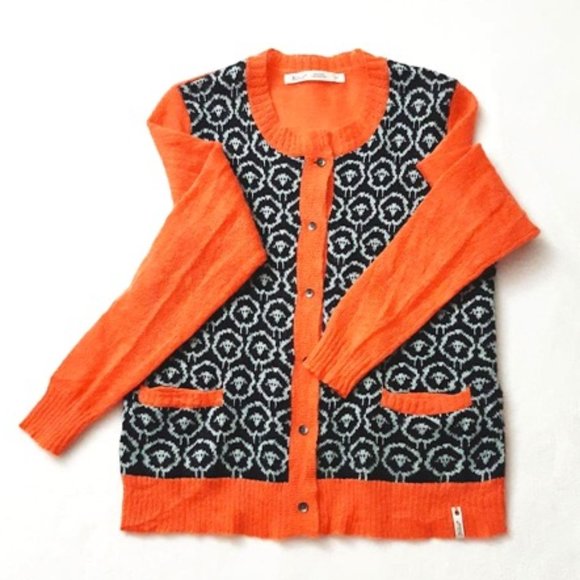 WOOLRICH Wool Mohair Sheep Motif Cardigan Orange Black - Picture 4 of 12